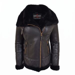 Women’s Merino sheepskin aviator jacket in Nova Black with a plush shearling collar, asymmetric gold-tone zip, quilted panels, cuffs and zipped pockets.
