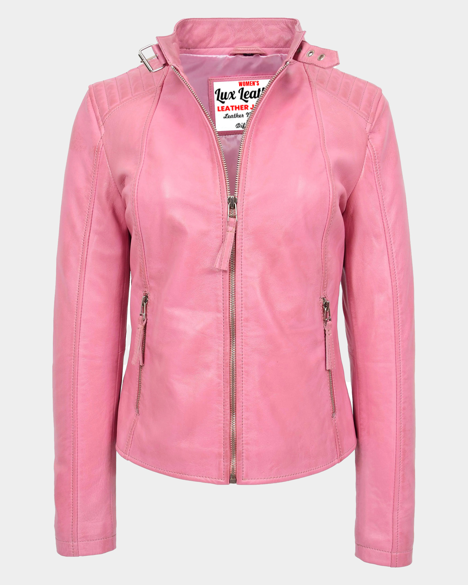 Womens-Real-Leather-Classic-Biker-Jacket-Sophia-Baby-Chroma-Pink-1.jpg Womens Real Leather Classic Biker Jacket Sophia Baby Chroma Pink - Image 1
