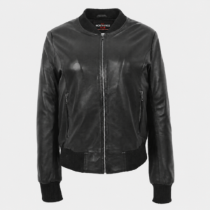 Women's black real leather varsity bomber jacket with front zipper, zipped side pockets, and black ribbed collar, cuffs, and hem.