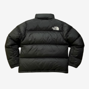 The North Face Men’s 1996 Retro Nuptse black puffer jacket with a high collar, full-zip front, side pockets and white chest logo.