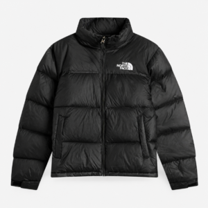 The North Face Men’s 1996 Retro Nuptse black puffer jacket with a high collar, full-zip front, side pockets and white chest logo.