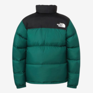The North Face Men’s 1996 Retro Nuptse puffer jacket in Evergreen green and black with a high collar, full-zip front and side pockets.