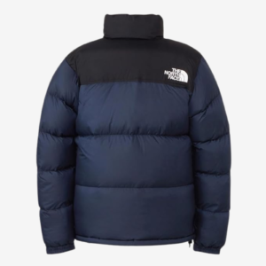 The North Face Men’s 1996 Retro Nuptse puffer jacket in navy blue and black with a high collar, full-zip front, hand pockets and white chest logo.