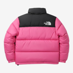 The North Face Men’s 1996 Retro Nuptse puffer jacket in bright pink with a black yoke, high collar and full-zip front.