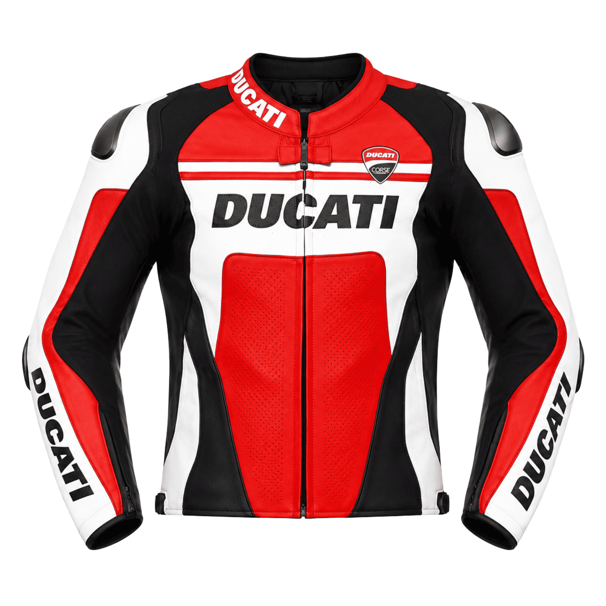 Ducati-Motorcycle-Leather-Jacket-1.png Ducati Inspired Leather Motorbike Jacket Red White CE Armor Riding Jacket - Front view