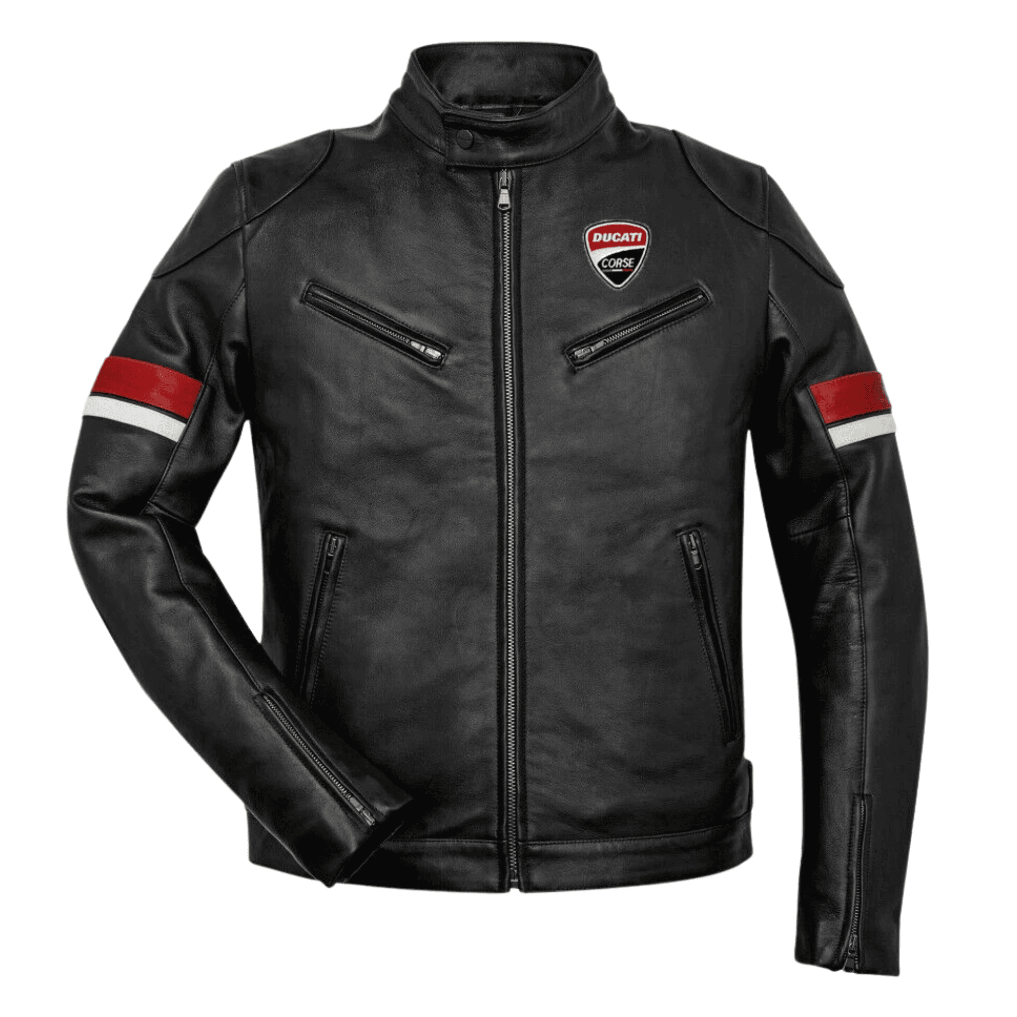 Ducati-Motorcycle-Leather-Jacket-Black-1.png Ducati Urban Stripes Leather Jacket Black Motorbike Riding Jacket - Front view