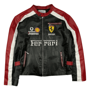 Handmade Men’s Ferrari Black Leather Racing Jacket F1 Inspired Biker Coat - Front view