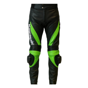 Men’s Kawasaki Racing Leather Motorcycle Pants Black Lime Green - View 2