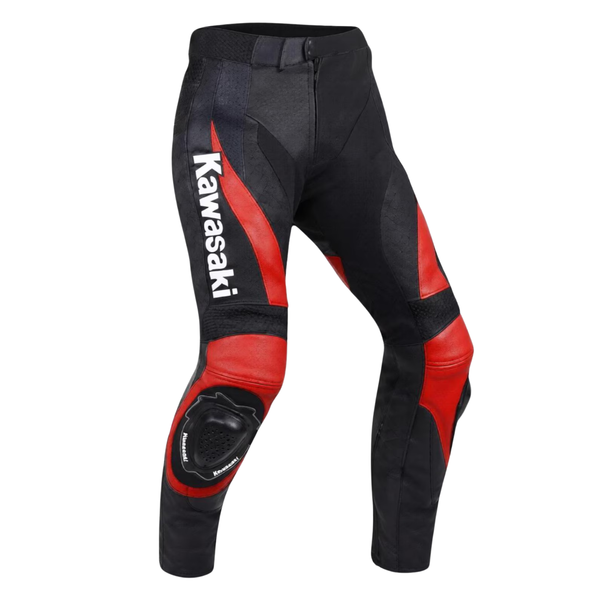Kawasaki-Motorcycle-Leather-Pants-Red-1.png Kawasaki Leather Racing Pants Red Black - Front view
