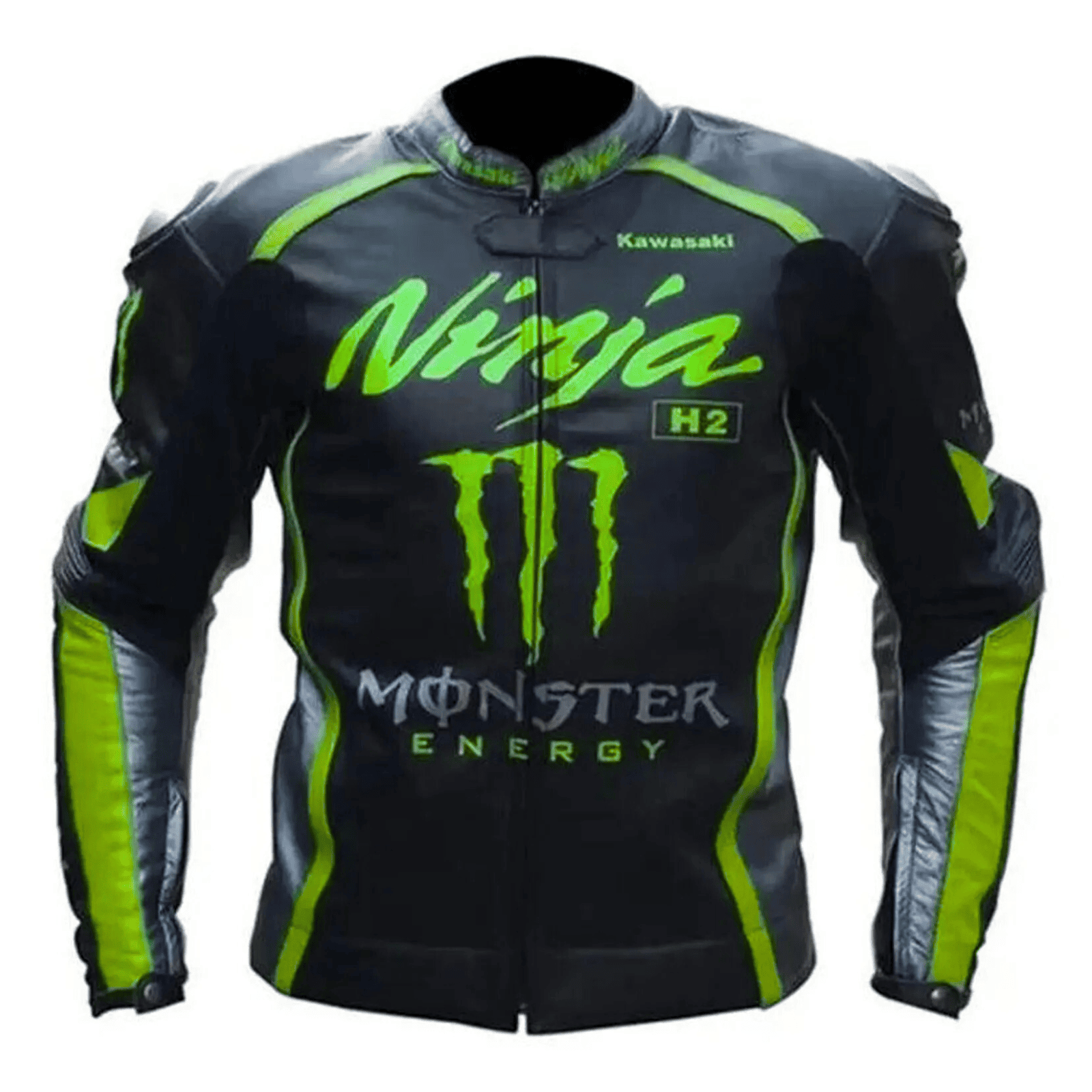 Kawasaki_Ninja_Racing_Leather_Motorcycle_Jacket_1.png Men’s Kawasaki Racing Leather Jacket Black CE Armor Motorcycle Biker Jacket - Front view