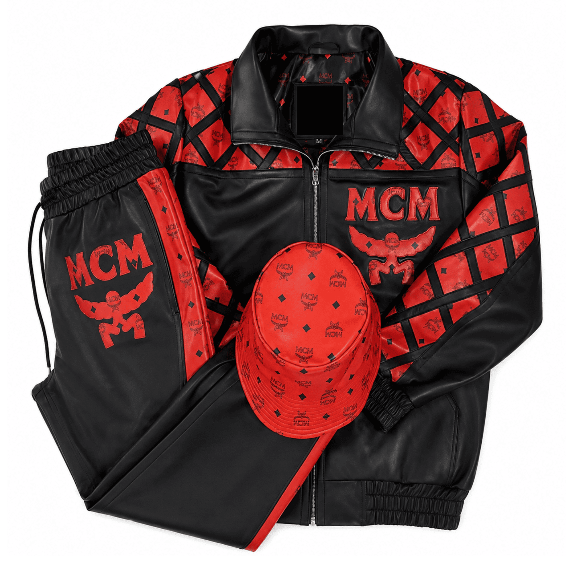 MCM Inspired Leather Tracksuit Set Black Red Leather Jacket Pants with Hat 1 MCM Inspired Leather Tracksuit Set Black Red Leather Jacket Pants with Hat - image 1
