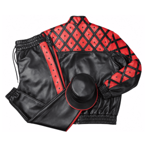 MCM Inspired Leather Tracksuit Set Black Red Leather Jacket Pants with Hat - image 2