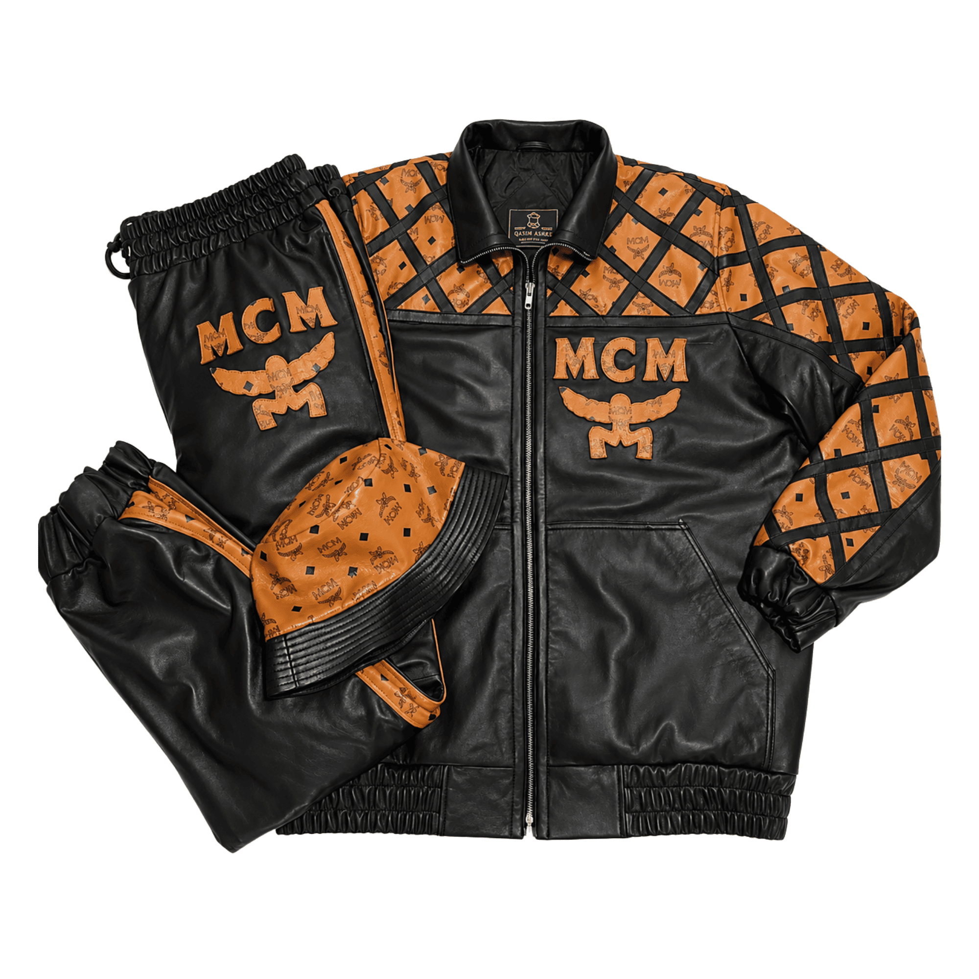 MCM Inspired Leather Tracksuit Set Black Brown Leather Jacket Pants with Hat 1 MCM Inspired Leather Tracksuit Set Black Brown Leather Jacket Pants with Hat - image 1