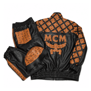 MCM Inspired Leather Tracksuit Set Black Brown Leather Jacket Pants with Hat - image 2