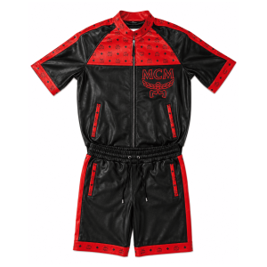 MCM Inspired Black Red Tracksuit Leather Jacket and Shorts Set - image 1