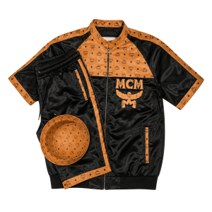 MCM Inspired Black Cognac Tracksuit Leather Jacket and Shorts Set - image 1