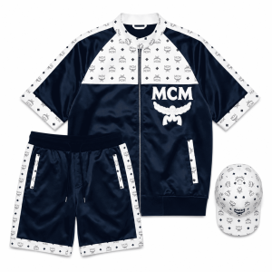 MCM Style Short Sleeve Leather Tracksuit Blue White Matching Shorts Set with Hat - image 1