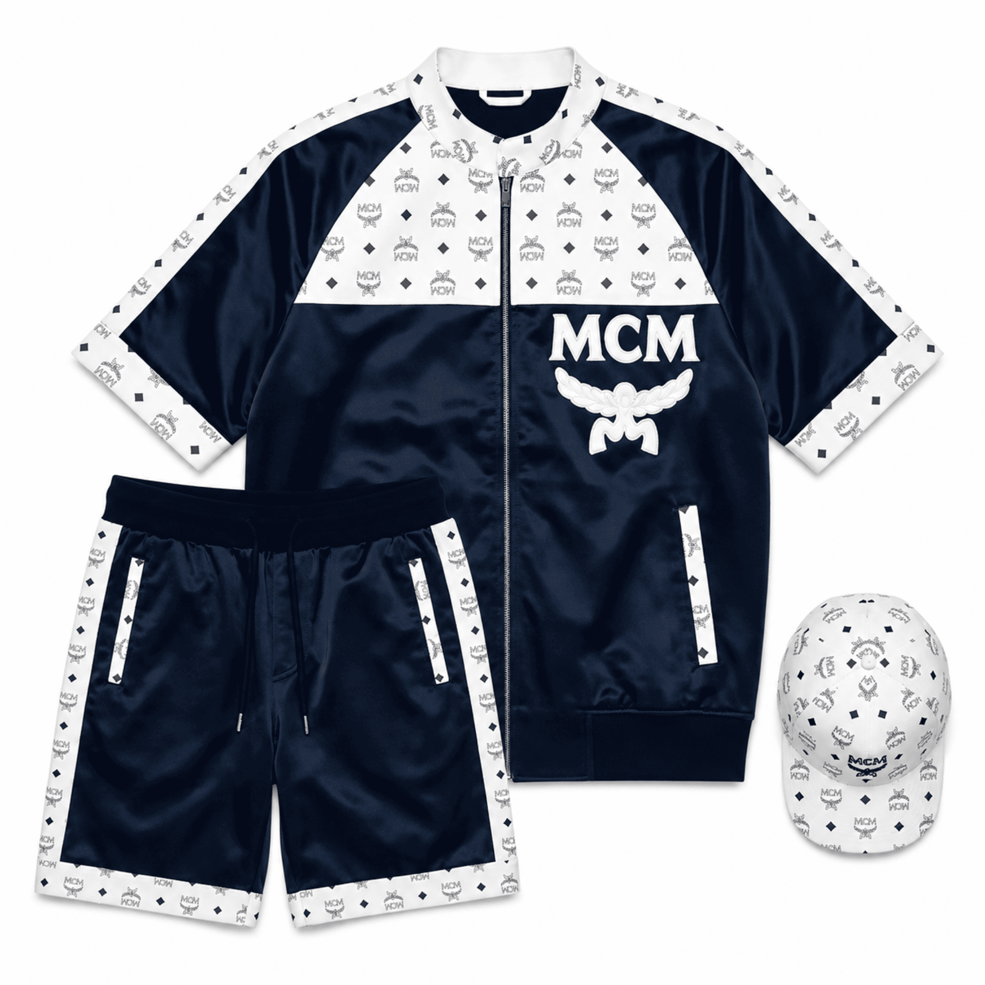 MCM Style Short Sleeve Leather Tracksuit Blue White Matching Shorts Set with Hat 1 MCM Style Short Sleeve Leather Tracksuit Blue White Matching Shorts Set with Hat - image 1