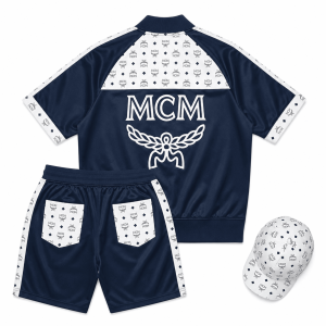 MCM Style Short Sleeve Leather Tracksuit Blue White Matching Shorts Set with Hat - image 2