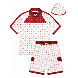 MCM Men’s Red White Monogram Tracksuit Leather T-shirt and Short with Hat - image 1