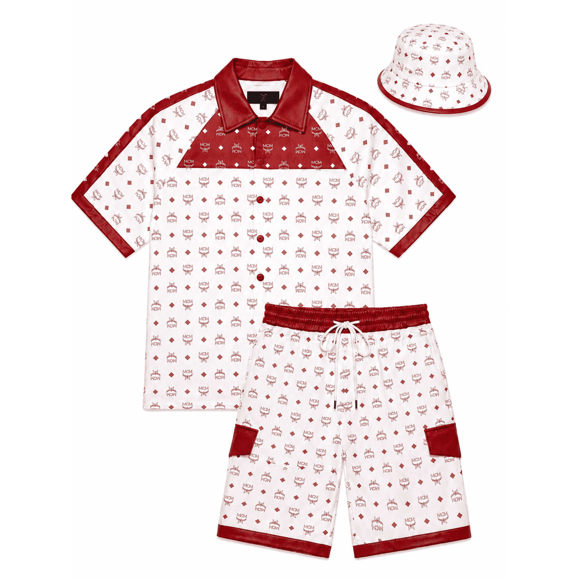 MCM Men’s Red White Monogram Tracksuit Leather T-shirt and Short with Hat 1 MCM Men’s Red White Monogram Tracksuit Leather T-shirt and Short with Hat - image 1