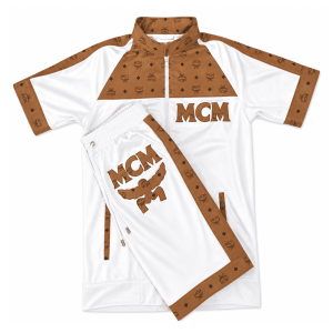 MCM Style Short Sleeve Leather Tracksuit White Brown Matching Shorts Set - image 1