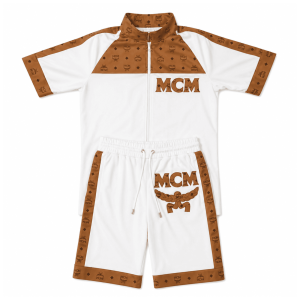 MCM Style Short Sleeve Leather Tracksuit White Brown Matching Shorts Set - image 2