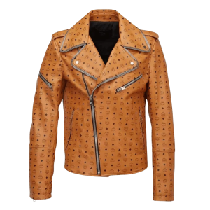 MCM Style Leather Jacket Cowhide Handmade Tan Biker Racing Jacket - Front view