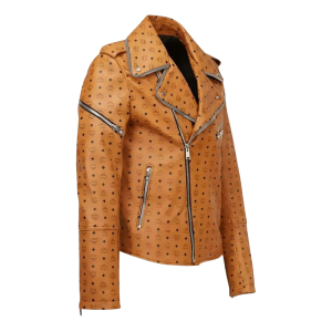 MCM Style Leather Jacket Cowhide Handmade Tan Biker Racing Jacket - View 2