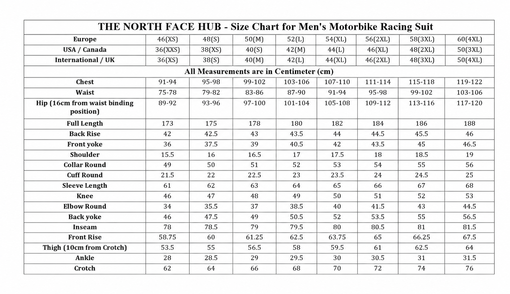 Motorcycle Racing Suits Size Chart
