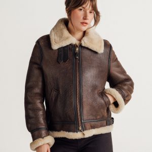 Schott NYC 247SW women's dark brown sheepskin B-3 bomber jacket model view