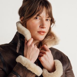Schott NYC 247SW women's dark brown sheepskin B-3 bomber jacket side view