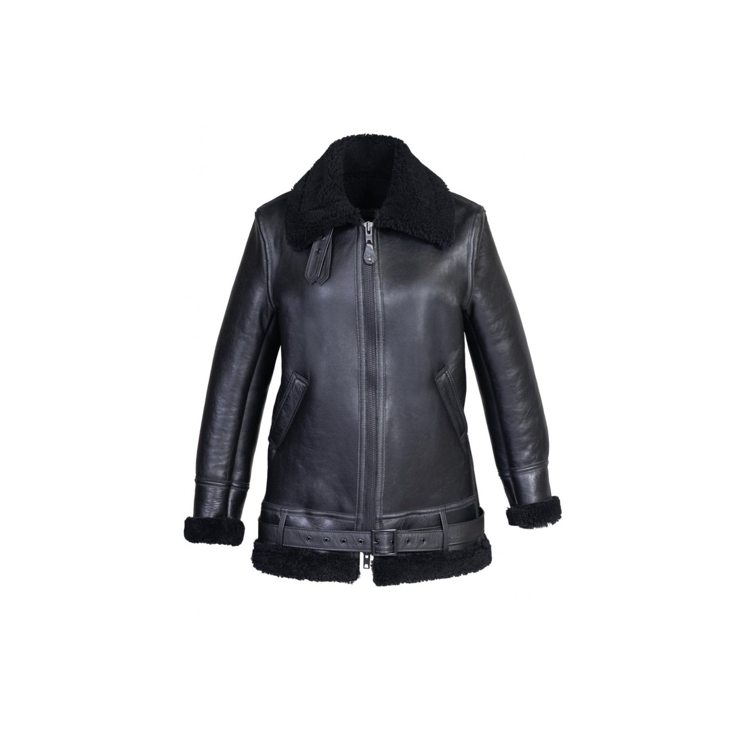 Schott 265SW Women's Long Sheepskin B-3 Jacket Product Front Schott NYC Women's Long Sheepskin B-3 Jacket Black 265SW product front view