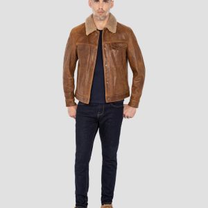 Schott NYC 545 sycamore buffalo leather trucker jacket with sheepskin collar front view