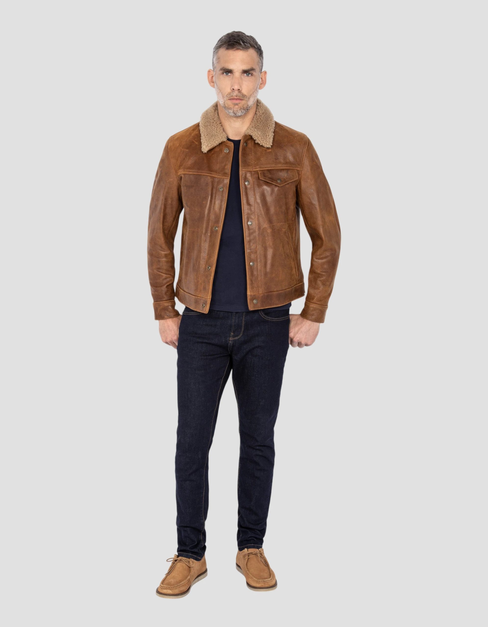 Schott 545 Sycamore Buffalo Leather Trucker Jacket Front Schott NYC 545 sycamore buffalo leather trucker jacket with sheepskin collar front view