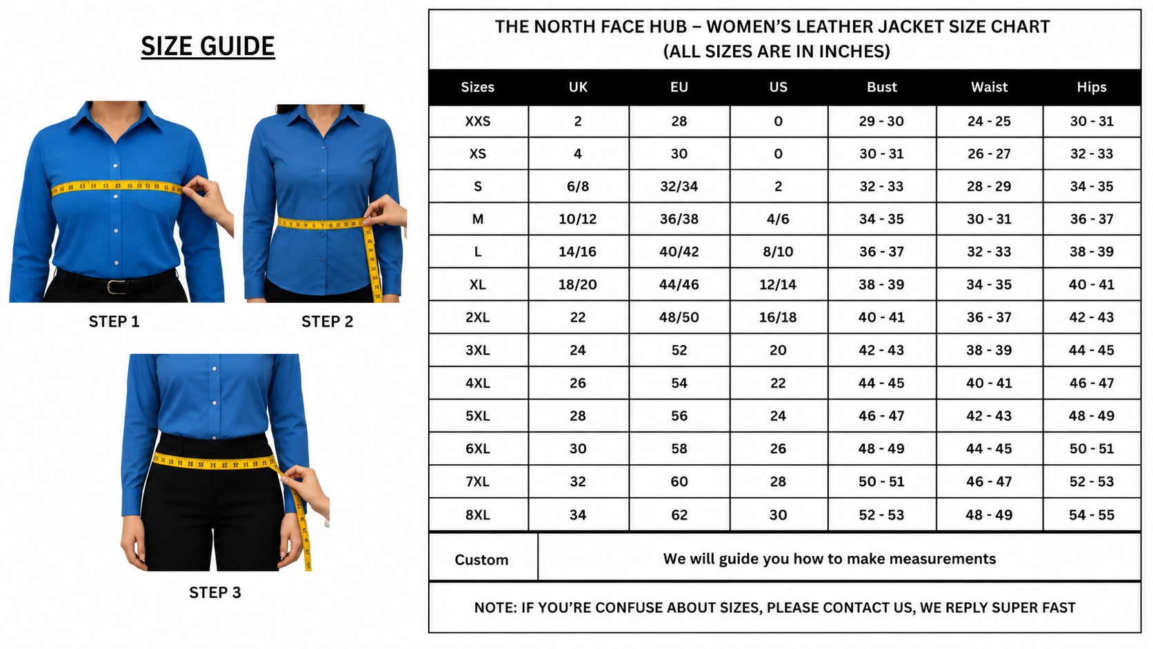 Women's Leather Jacket Size Chart