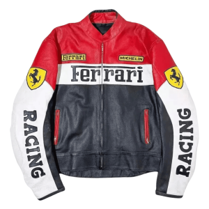 Men’s Ferrari F1 Racing Leather Jacket Red Moto Biker Jacket - Front view