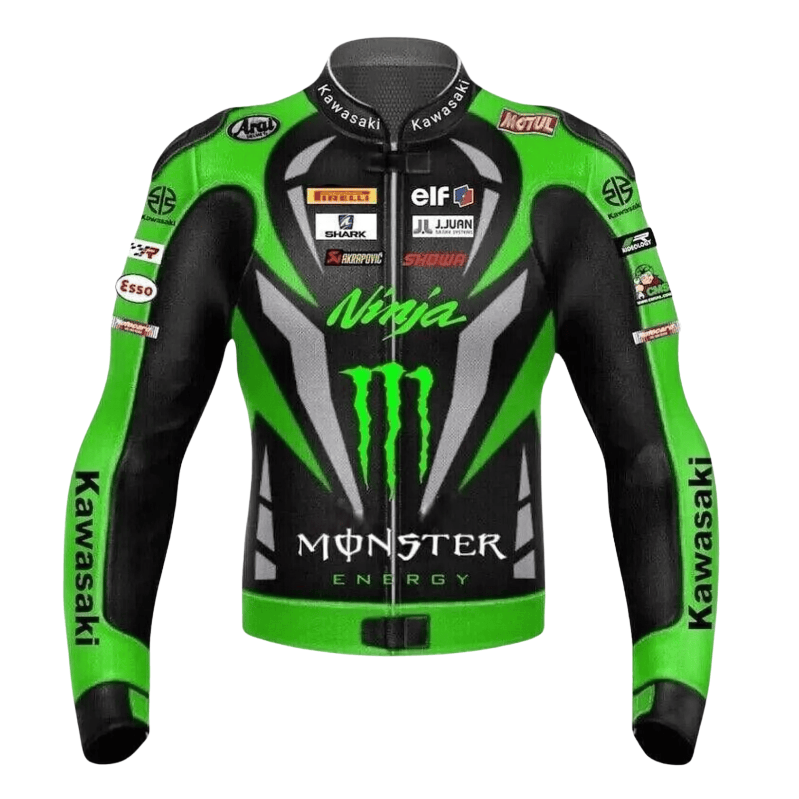 kawasaki_ninja_racing_leather_jacket_1.png Kawasaki Ninja Monster Leather Motorcycle Jacket Green CE Armor Racing Biker Coat - Front view